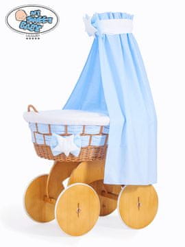 Greatstore Mosesova košara z baldahinom Isabella naravna + bela in modra posteljnina