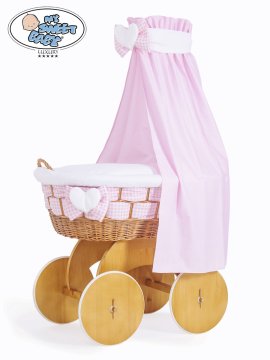 Greatstore Mosesova košara z baldahinom Isabella naravna + bela in roza posteljnina