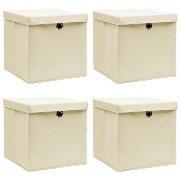 shumee Škatle za shranjevanje s pokrovi 4 kosi krem 32x32x32 cm blago
