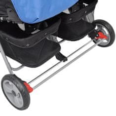 Vidaxl Otroški voziček za dvojčke jeklen moder in črn