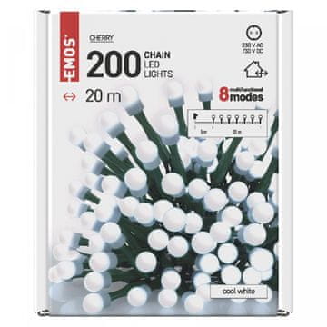 Emos LED božična cherry veriga, kroglice, 20 m, zunanja/notranja, hladna bela, programi