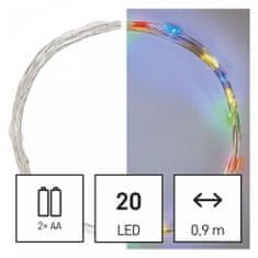 Emos 20 LED svetlobna nano veriga, 1,9 m, 2xAA, večbarvna, s časovnikom, srebrna