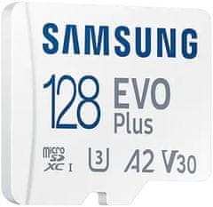 Samsung Micro SDXC spominska kartica, 128 GB EVO Plus, U3, V30, A2, UHS-I + SD adapter