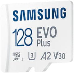 Samsung Micro SDXC spominska kartica, 128 GB EVO Plus, U3, V30, A2, UHS-I + SD adapter