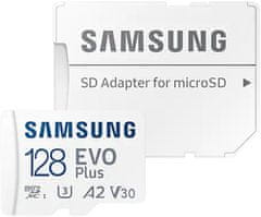 Samsung Micro SDXC spominska kartica, 128 GB EVO Plus, U3, V30, A2, UHS-I + SD adapter