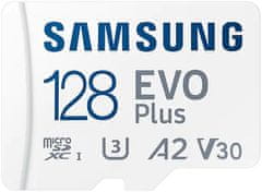 Samsung Micro SDXC spominska kartica, 128 GB EVO Plus, U3, V30, A2, UHS-I + SD adapter