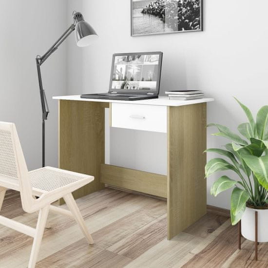 Vidaxl Pisalna miza bela in sonoma hrast 100x50x76 cm iverna plošča