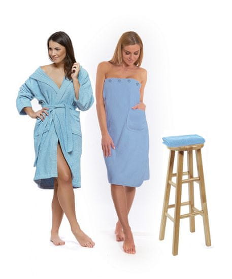 Interkontakt Svetlo modri komplet: kopalni plašč s kapuco + ženski kilt za savno + kopalna brisača
