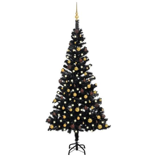 Greatstore Umetna novoletna jelka z LED lučkami in bučkami črna 150 cm