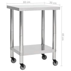 Vidaxl Kuhinjska delovna miza s kolesi 80x30x85 cm nerjaveče jeklo