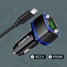 Kaku KSC-540 avto polnilec USB / USB-C 3A 20W + kabel Lightning / USB-C, črna