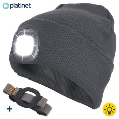 Platinet kapa z LED lučko + naglavni trak, USB polnjenje, baterija,3 jakosti svetilnosti, Unisex, siva