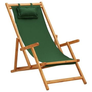 Vidaxl Zložljiv stol za na plažo trden evkaliptusov les in blago zelen