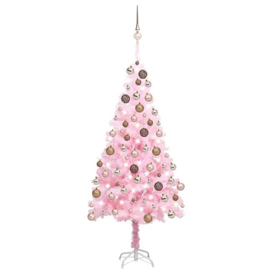 Greatstore Umetna novoletna jelka z LED lučkami in bučkami roza 180 cm