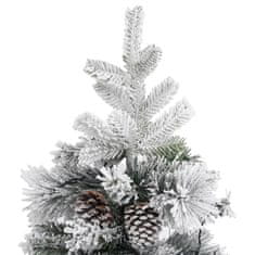 Vidaxl Osvetljena novoletna jelka s snegom in storži 225 cm PVC in PE
