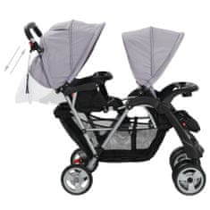 Greatstore Dvojni otroški voziček jeklen sive in črne barve