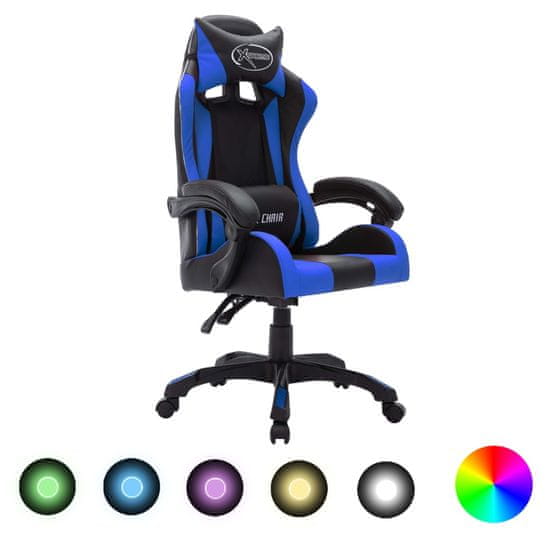 shumee Racing stol z RGB LED lučkami modro in črno umetno usnje