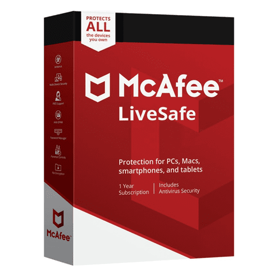 McAfee McAfee LiveSafe 2023, neomejeno, 1-leto, ESD licenca (kartica)