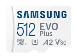 Samsung Micro SDXC spominska kartica, 512 GB EVO Plus, U3, V30, A2, UHS-I + SD adapter