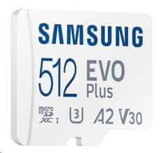 Samsung Micro SDXC spominska kartica, 512 GB EVO Plus, U3, V30, A2, UHS-I + SD adapter