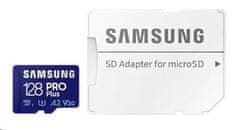 Samsung Micro SDXC spominska kartica, 128 GB Pro Plus, U3, V30, A2, UHS-I + SD adapter