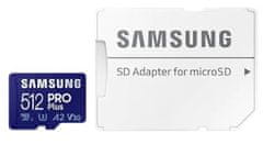 Samsung Micro SDXC spominska kartica, 512 GB Pro Plus, U3, V30, A2, UHS-I + SD adapter