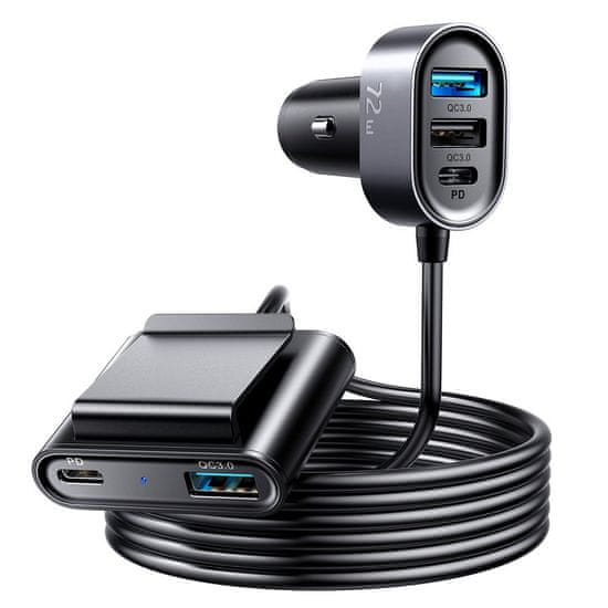 Joyroom Avtomobilski polnilec za 5 naprav 2xPD + 2xQC3.0 72W 1,5m črn