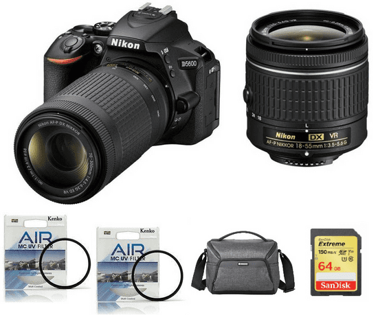Nikon D5600 komplet z dvema objektivoma 18-55VR, 70-300VR, UV filtrom 58 mm, SDHC kartico 64 GB, torbo (VBA500K004KIT64)