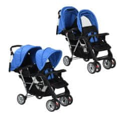 Greatstore Dvojni otroški voziček jeklen modre in črne barve