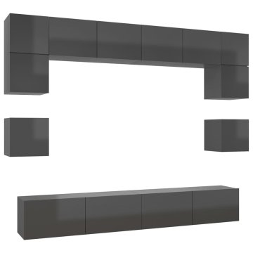 Vidaxl Komplet TV omaric 8-delni visok sijaj siva iverna plošča