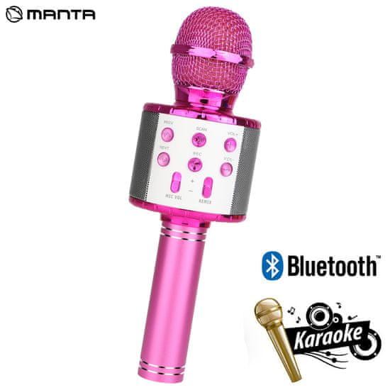 Manta MIC11-PK brezžični mikrofon z zvočnikom, Bluetooth, USB, microSD, roza