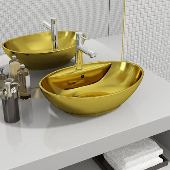 Vidaxl Umivalnik z odprtino za odtekanje 58,5x39x21 cm keramičen zlat
