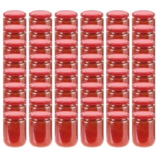 Greatstore Stekleni kozarci z rdečimi pokrovi 48 kosov 230 ml