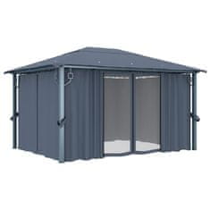 Vidaxl Paviljon z zaveso in lučkami 400x300 cm antraciten aluminij