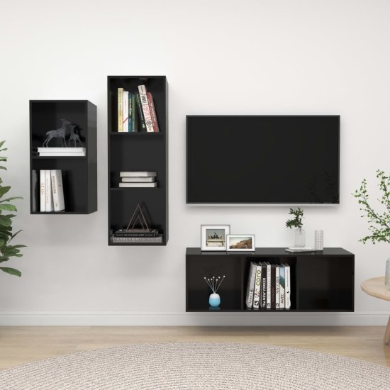 Greatstore Komplet TV omaric 3-delni visok sijaj črna iverna plošča