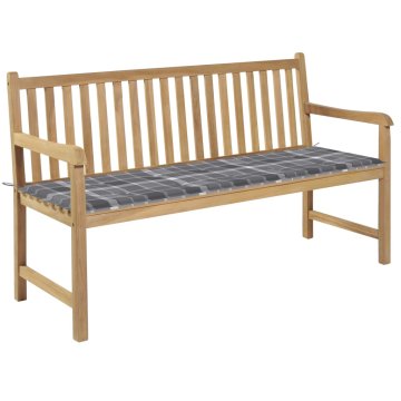 Vidaxl Vrtna klop s sivo karo blazino 150 cm trdna tikovina