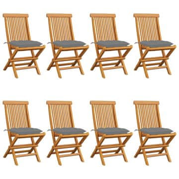 Vidaxl Vrtni stoli s sivimi blazinami 8 kosov trdna tikovina