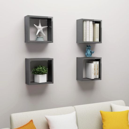 Vidaxl Stenske police kockaste 4 kosi visok sijaj sive 30x15x30 cm