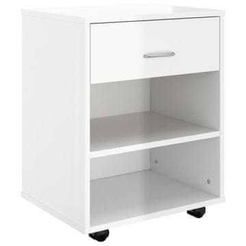 Vidaxl Omarica na kolesih visok sijaj bela 46x36x59 cm iverna plošča