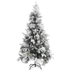 Vidaxl Osvetljena novoletna jelka s snegom in storži 225 cm PVC in PE