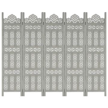 Vidaxl Ročno izrezljan paravan 5-delni siv 200x165 cm trden mangov les