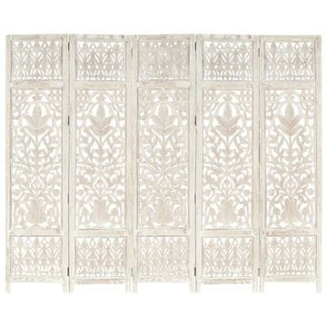 Vidaxl Ročno izrezljan paravan 5-delni bel 200x165 cm trden mangov les