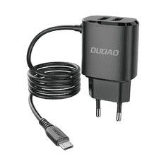 DUDAO 2x USB omrežni polnilec z vgrajenim kablom micro USB 12 W črn (A2ProM black)
