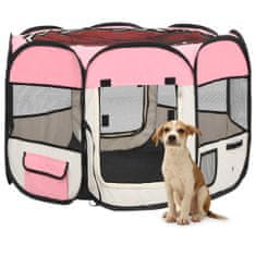 Vidaxl Zložljiva pasja ograjica s torbo roza 90x90x58 cm