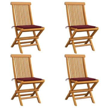 shumee vidaXL Vrtni stoli z vinsko rdečimi blazinami 4 kosi trdna tikovina