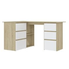 Vidaxl Kotna pisalna miza bela in sonoma hrast 145x100x76 cm