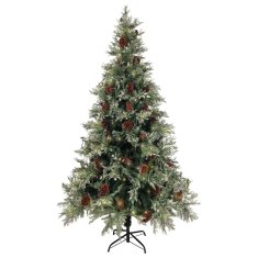 Vidaxl Osvetljena novoletna jelka s storži zeleno bela 195 cm PVC PE