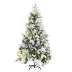 Vidaxl Osvetljena novoletna jelka s snegom in storži 195 cm PVC in PE