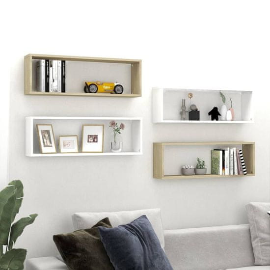 Vidaxl Stenske police kockaste 4 kosi bele sonoma hrast 80x15x26,5 cm