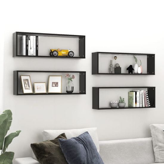 Vidaxl Stenske police kockaste 4 kosi visok sijaj črne 80x15x26,5 cm